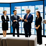 A diverse group of professional adults, fully clothed in modern business casual attire, standing in a bright, contemporary living room. On one side, a vintage television set displaying a limited broadcast channel and a stack of newspapers, representing media scarcity. On the other, multiple digital screens—a tablet, a laptop, and a large smart TV—displaying various streaming service logos and digital news feeds, symbolizing the abundance of digital content. The individuals are engaged in a professional discussion, gesturing towards the screens. Professional photography, high-resolution, well-lit, clean aesthetics, safe for work, appropriate content, fully clothed, professional, perfect anatomy, correct proportions, natural pose, well-formed hands, proper finger count, natural body proportions.