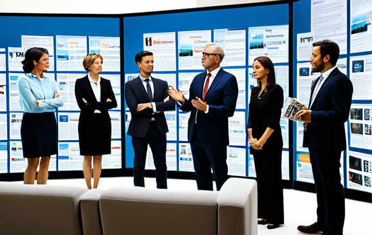 A diverse group of professional adults, fully clothed in modern business casual attire, standing in a bright, contemporary living room. On one side, a vintage television set displaying a limited broadcast channel and a stack of newspapers, representing media scarcity. On the other, multiple digital screens—a tablet, a laptop, and a large smart TV—displaying various streaming service logos and digital news feeds, symbolizing the abundance of digital content. The individuals are engaged in a professional discussion, gesturing towards the screens. Professional photography, high-resolution, well-lit, clean aesthetics, safe for work, appropriate content, fully clothed, professional, perfect anatomy, correct proportions, natural pose, well-formed hands, proper finger count, natural body proportions.