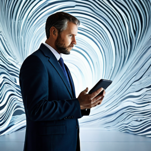 Home 14 A professional, fully clothed adult in a modest business suit, standing in a modern, pristine digital office, surrounded by a swirling, dynamic stream of information data, representing the vastness of digital content. The individual's expression is focused yet slightly contemplative, processing the overwhelming flow. Perfect anatomy, correct proportions, natural pose, well-formed hands, natural body proportions, professional photography, high resolution, appropriate attire, safe for work, family-friendly.