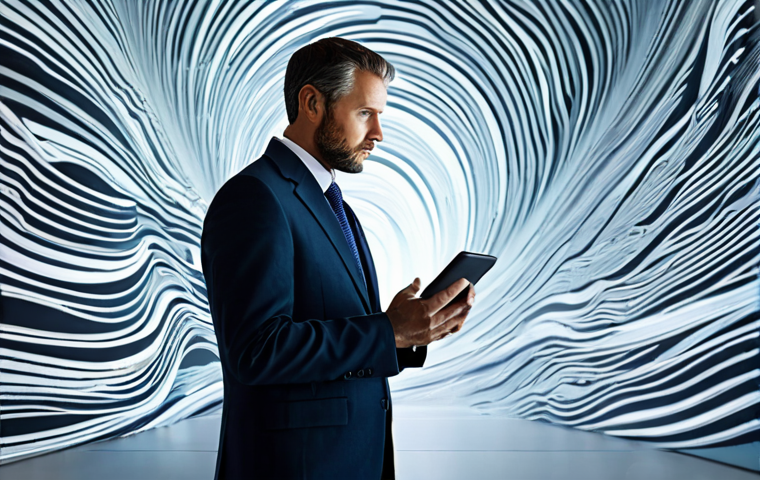 A professional, fully clothed adult in a modest business suit, standing in a modern, pristine digital office, surrounded by a swirling, dynamic stream of information data, representing the vastness of digital content. The individual's expression is focused yet slightly contemplative, processing the overwhelming flow. Perfect anatomy, correct proportions, natural pose, well-formed hands, natural body proportions, professional photography, high resolution, appropriate attire, safe for work, family-friendly.