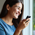 A contemplative person, fully clothed in modest, comfortable attire, looking at a smartphone screen. The screen's reflection shows an idealized, perfectly smiling version of the person in a vibrant, curated digital world, while the actual person appears thoughtful in a soft-lit, natural home setting, reflecting the contrast between online appearance and reality. safe for work, appropriate content, professional, fully clothed, perfect anatomy, correct proportions, natural pose, well-formed hands, proper finger count, natural body proportions, high-quality photography, detailed, realistic, family-friendly.