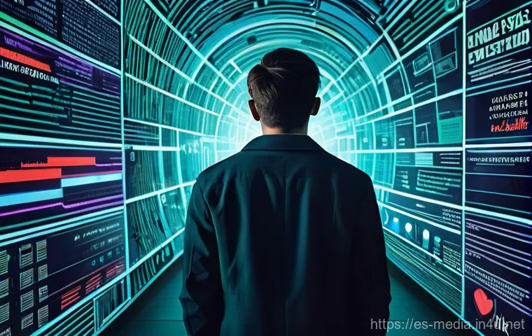 미디어 비평과 분석 - **"Lost in the Digital Labyrinth of Misinformation"**: A young adult, dressed in modern casual wear,...