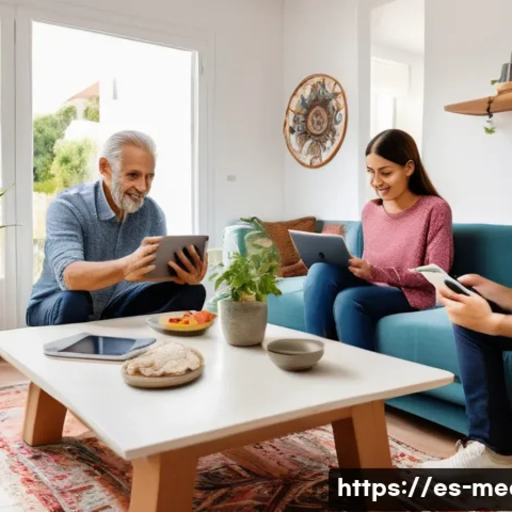 미디어학 기초과목 - A modern Spanish family sitting in a bright living room, interacting with multiple digital devices l...