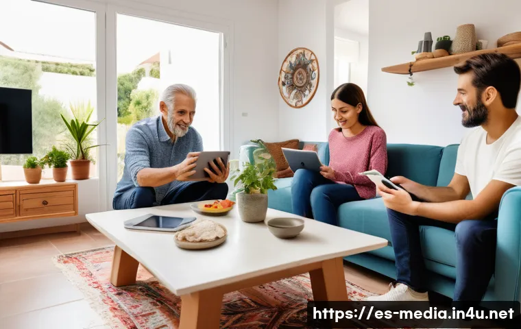 미디어학 기초과목 - A modern Spanish family sitting in a bright living room, interacting with multiple digital devices l...