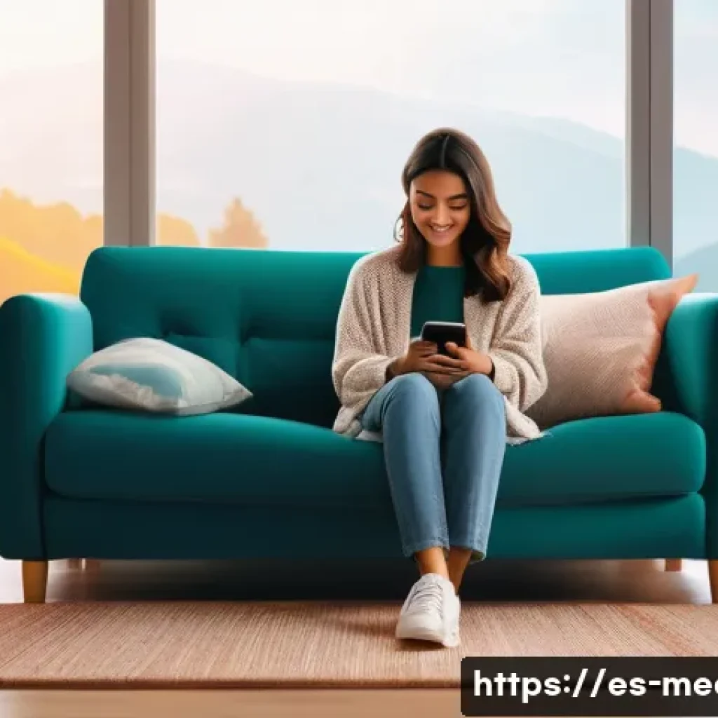 미디어와 심리학 - A vibrant digital art scene depicting a cozy, modern living room with a young Hispanic woman comfort...