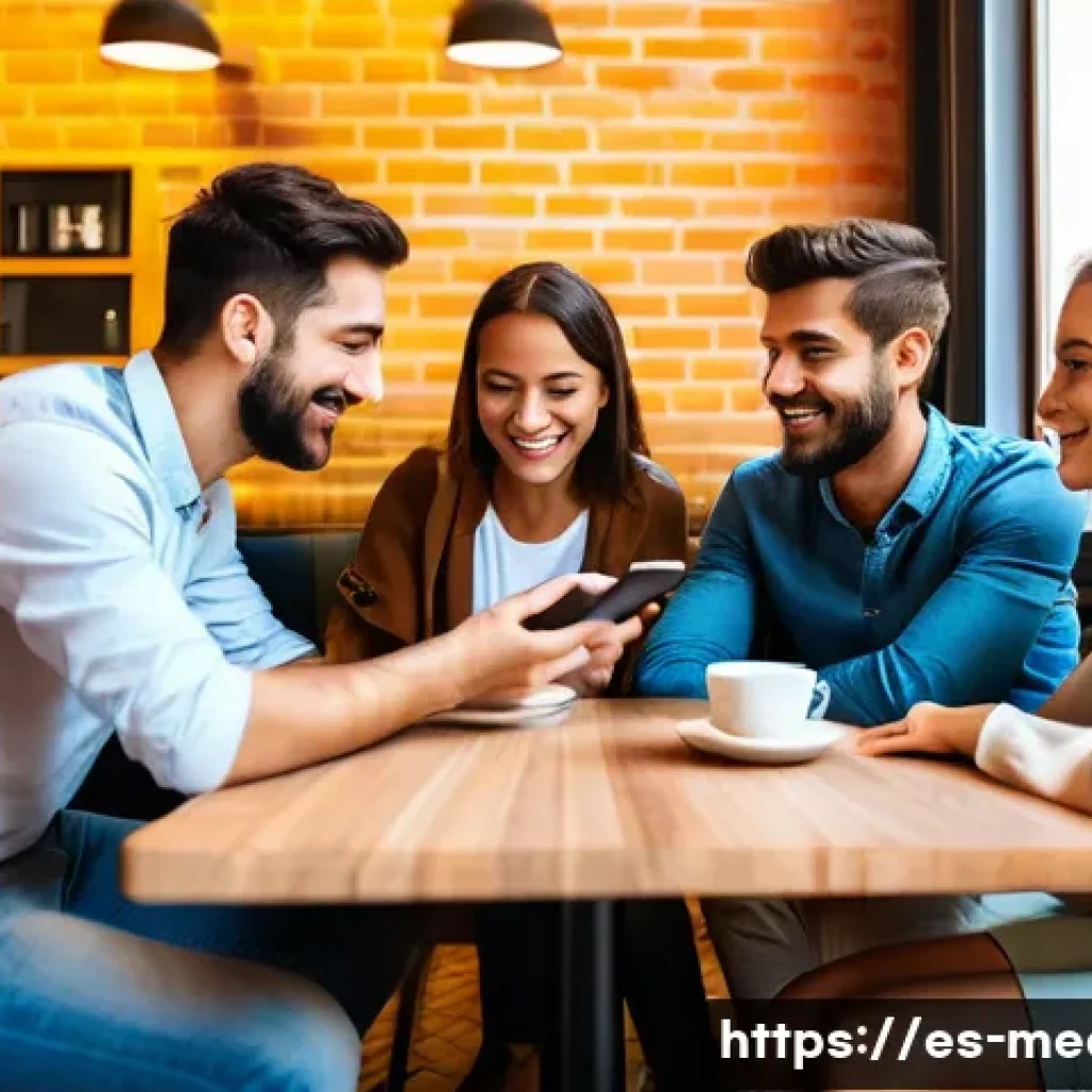 미디어의 사회적 영향 - A vibrant digital communication scene featuring a diverse group of young adults in a cozy Madrid caf...