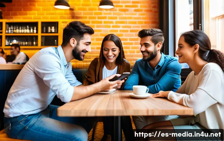 미디어의 사회적 영향 - A vibrant digital communication scene featuring a diverse group of young adults in a cozy Madrid caf...