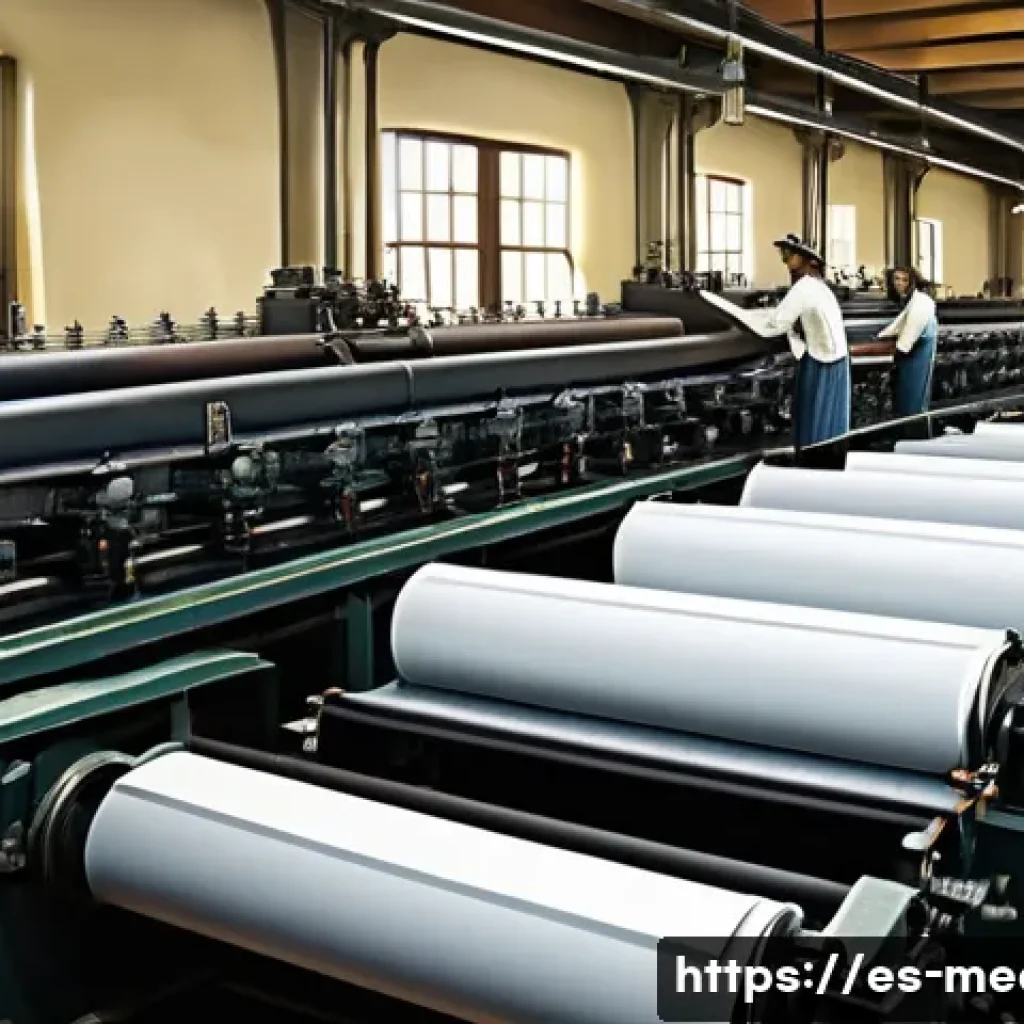 미디어학 강의 계획서 - A detailed illustration of a traditional newspaper printing press room in Spain, showing vintage mac...