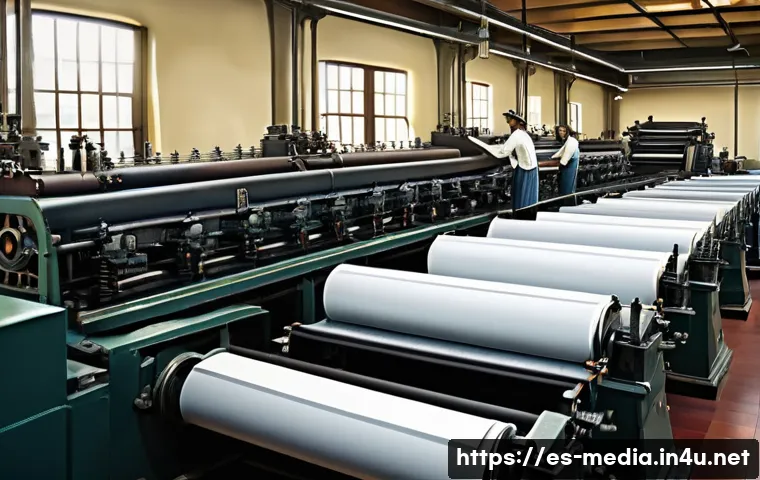 미디어학 강의 계획서 - A detailed illustration of a traditional newspaper printing press room in Spain, showing vintage mac...