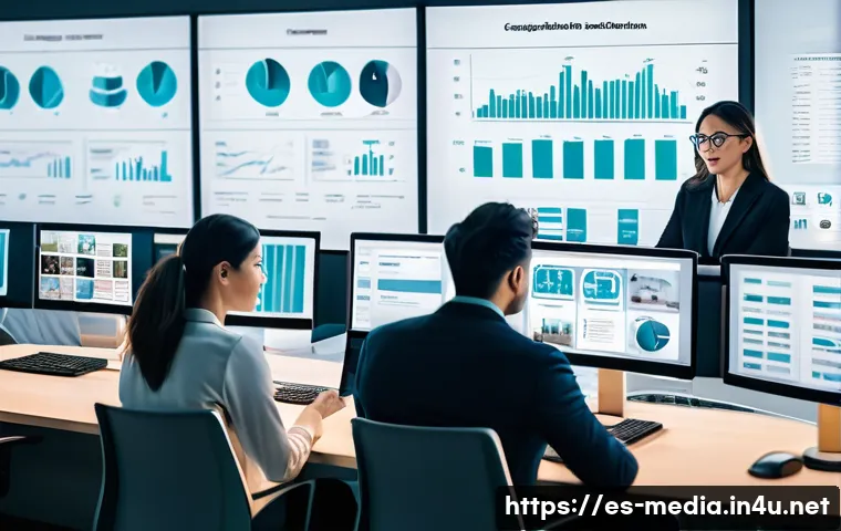 미디어 분석 기법 - A detailed newsroom scene showing a diverse group of journalists analyzing various media on multiple...