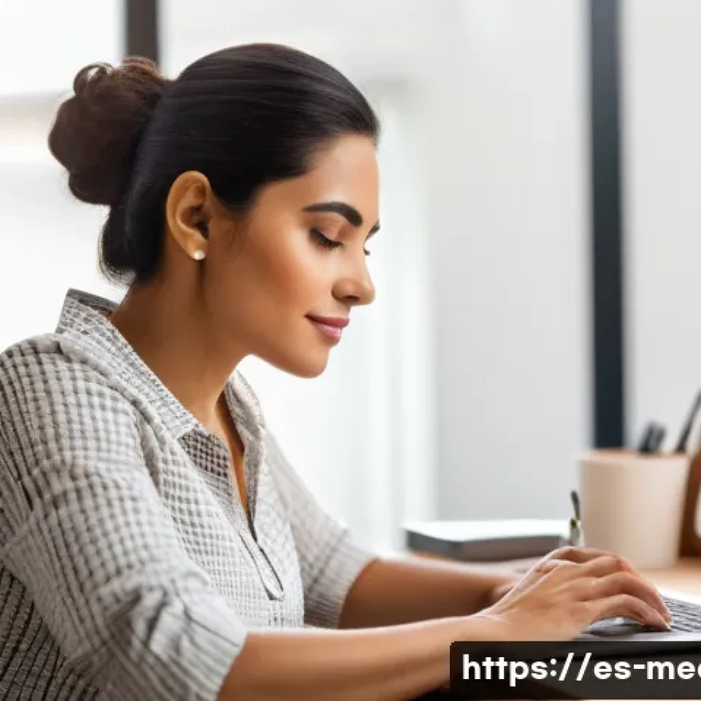 디지털 미디어 교육 - A professional Hispanic woman in a modern home office, confidently using a laptop with multiple digi...
