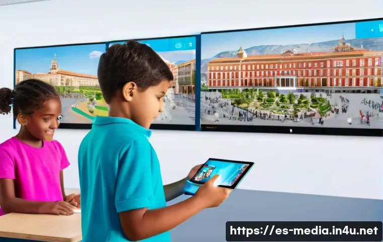 미디어 기술 혁신 - A vibrant digital classroom scene in Spain showcasing students of diverse ages engaging with augment...