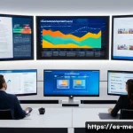 미디어 스타트업 기업 - A modern digital newsroom with diverse Spanish-speaking journalists collaboratively using AI-powered...