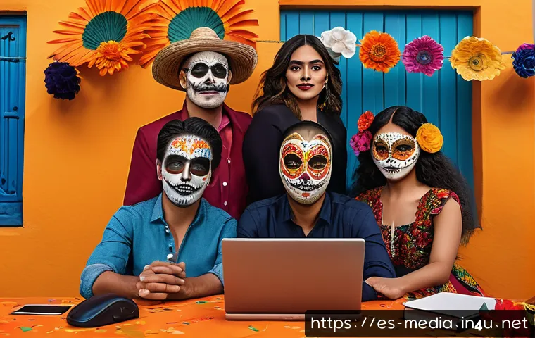 디지털 콘텐츠 기획 - A vibrant digital illustration of a diverse group of Hispanic content creators from various countrie...