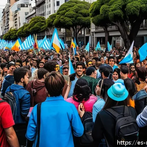 미디어와 정치적 캠페인 - A vibrant street scene in Buenos Aires, Argentina during a lively political rally focused on youth e...