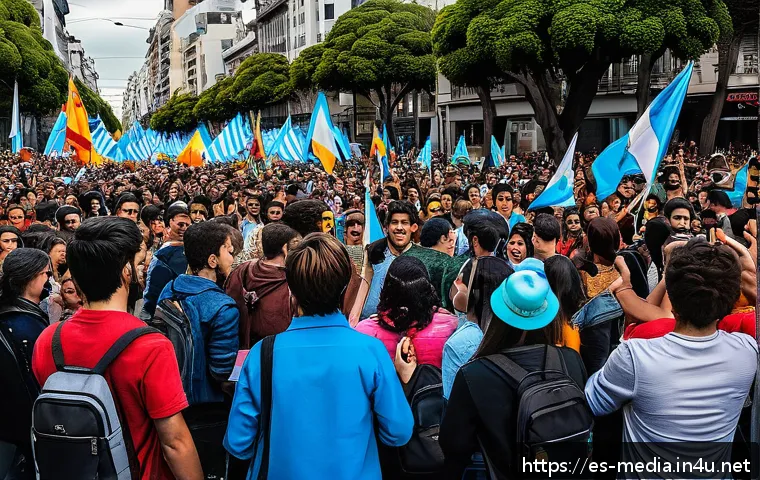 미디어와 정치적 캠페인 - A vibrant street scene in Buenos Aires, Argentina during a lively political rally focused on youth e...