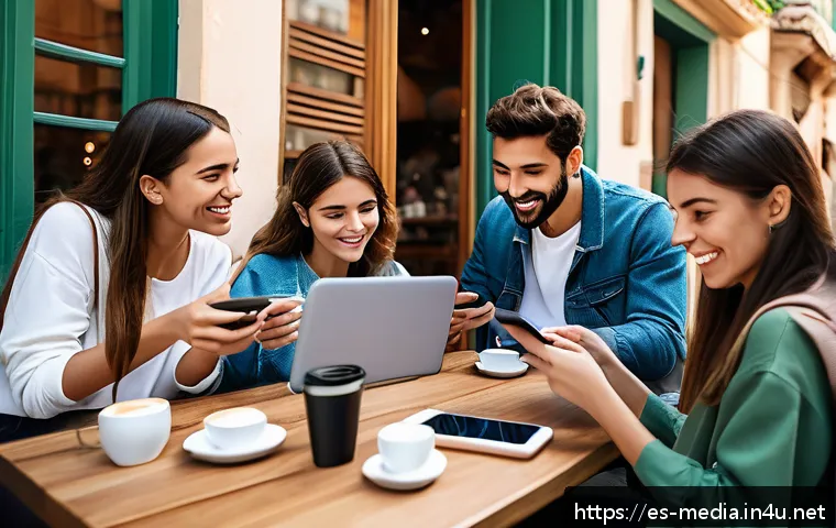 미디어 연구 설계 - A modern digital media consumption scene showing diverse young Spanish-speaking adults aged 18-25 en...