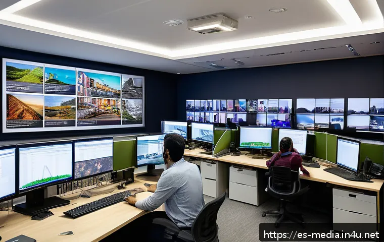 미디어와 사회적 책임 - A vibrant newsroom scene in a modern Latin American media office, with diverse journalists working i...