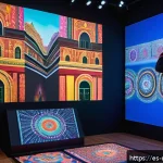 미디어의 확장 현실 - A vibrant digital art scene showcasing a Hispanic artist creating immersive XR experiences in a mode...