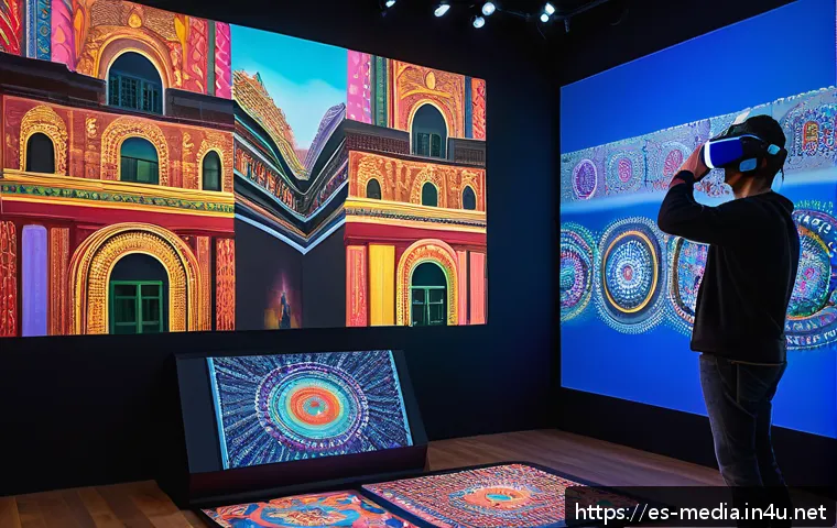미디어의 확장 현실 - A vibrant digital art scene showcasing a Hispanic artist creating immersive XR experiences in a mode...