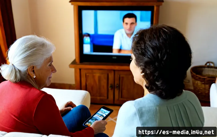 미디어의 역할과 영향력 - Photorealistic editorial scene in a sunlit Spanish-speaking family living room, three generations wa...